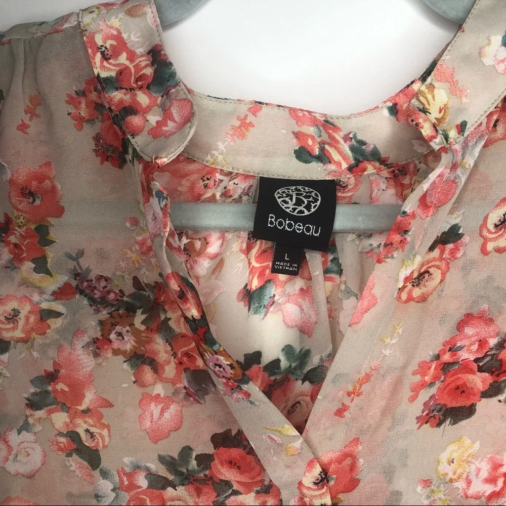 BOBEAU sheer sleeveless blouse pink floral roses L - Picture 3 of 9